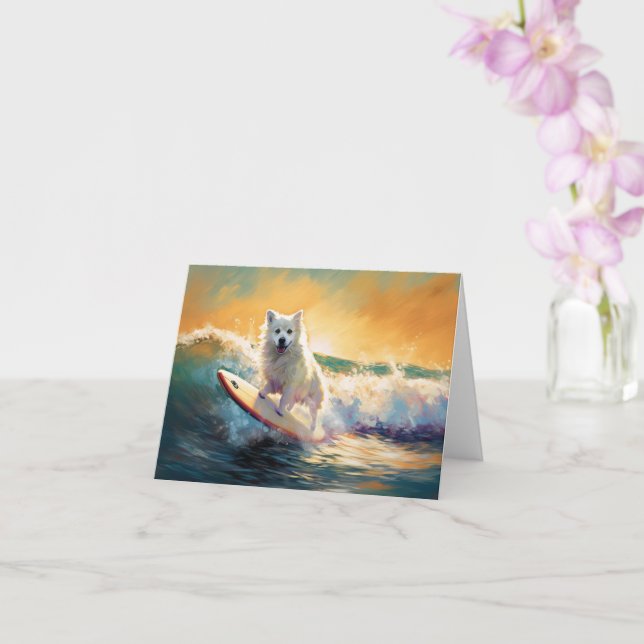 American Eskimo Beach Surfing Painting  Card (Orchid)