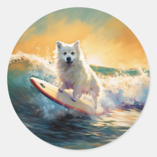 American Eskimo Beach Surfing Painting  Classic Round Sticker