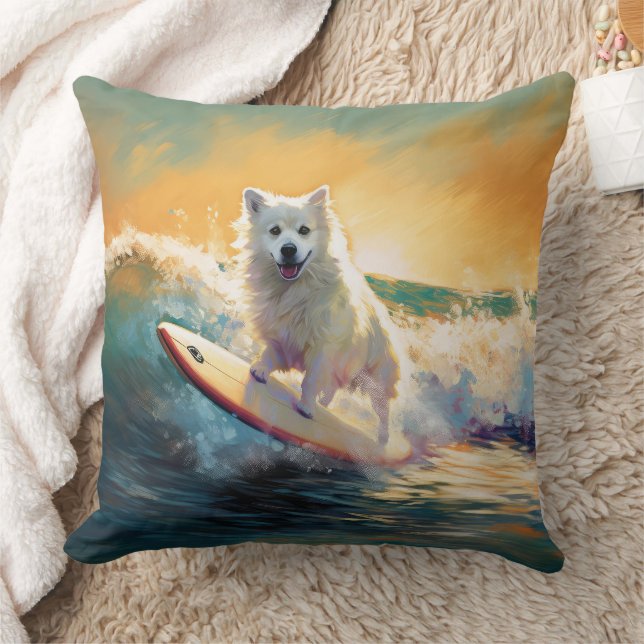 American Eskimo Beach Surfing Painting  Cushion (Blanket)