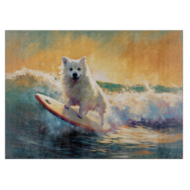 American Eskimo Beach Surfing Painting  Cutting Board (Front)