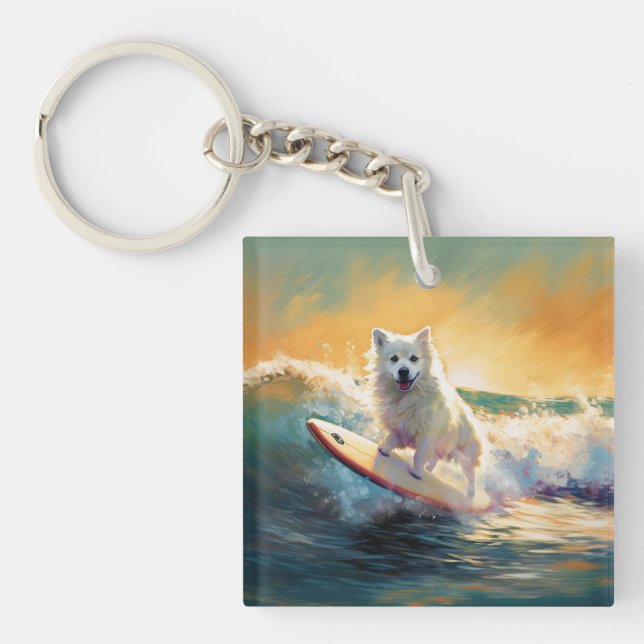 American Eskimo Beach Surfing Painting  Key Ring (Front)