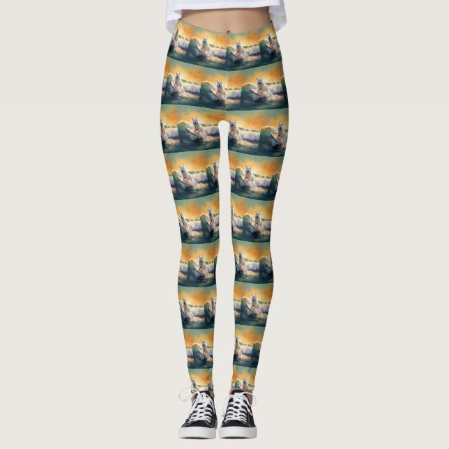 American Eskimo Beach Surfing Painting  Leggings (Front)