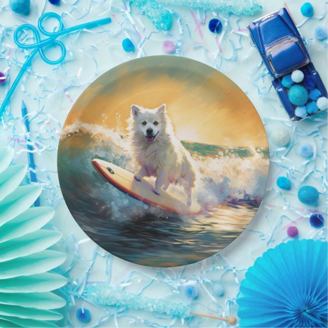 American Eskimo Beach Surfing Painting  Paper Plate (Party)
