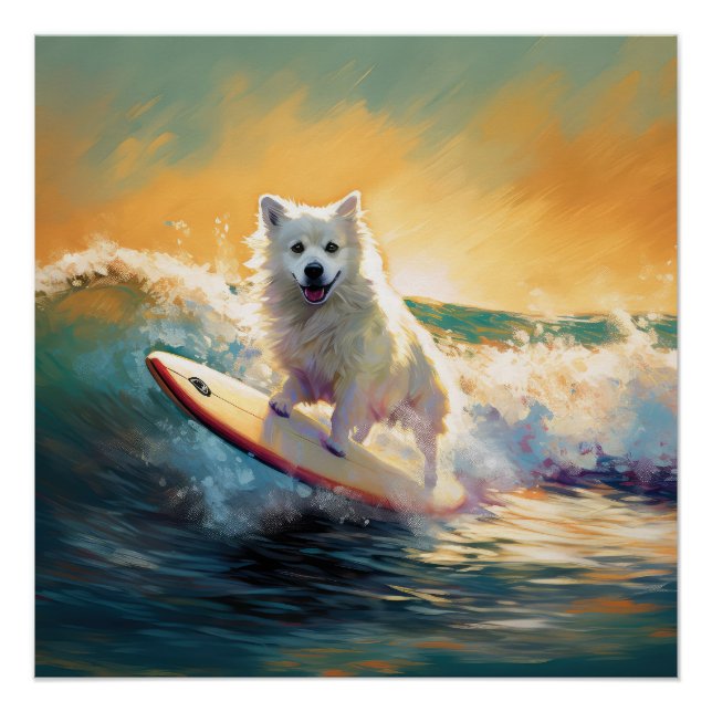 American Eskimo Beach Surfing Painting  Poster (Front)