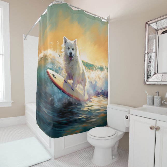 American Eskimo Beach Surfing Painting  Shower Curtain (In Situ)
