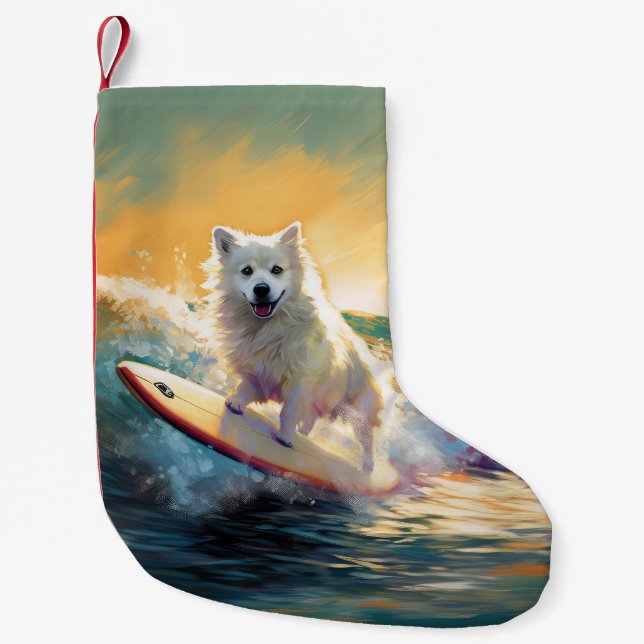 American Eskimo Beach Surfing Painting  Small Christmas Stocking (Front)