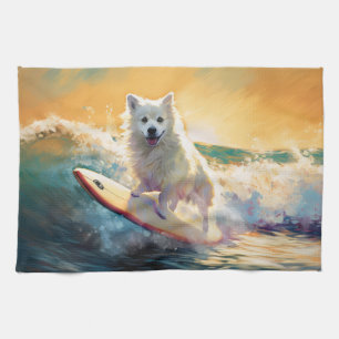 American Eskimo Beach Surfing Painting Tea Towel