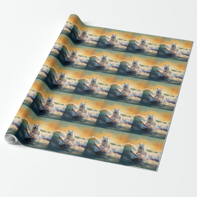 American Eskimo Beach Surfing Painting  Wrapping Paper (Unrolled)