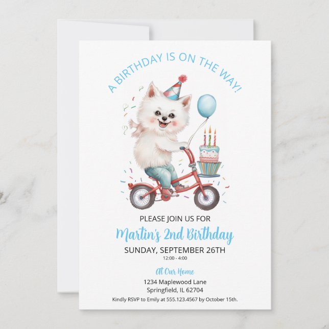 American Eskimo Bike with Cake 2nd Birthday Party Invitation (Front)