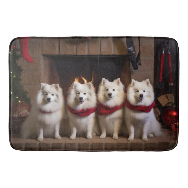 American Eskimo by the Fireplace Christmas Bath Mat (Front)