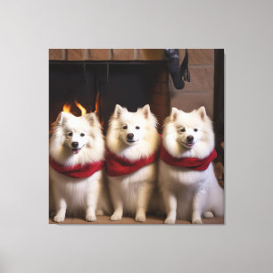 American Eskimo by the Fireplace Christmas Canvas Print