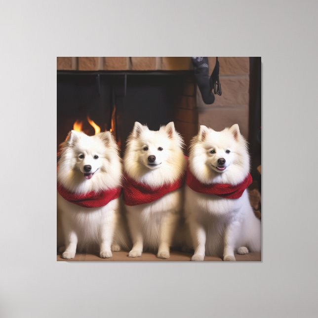 American Eskimo by the Fireplace Christmas Canvas Print (Front)