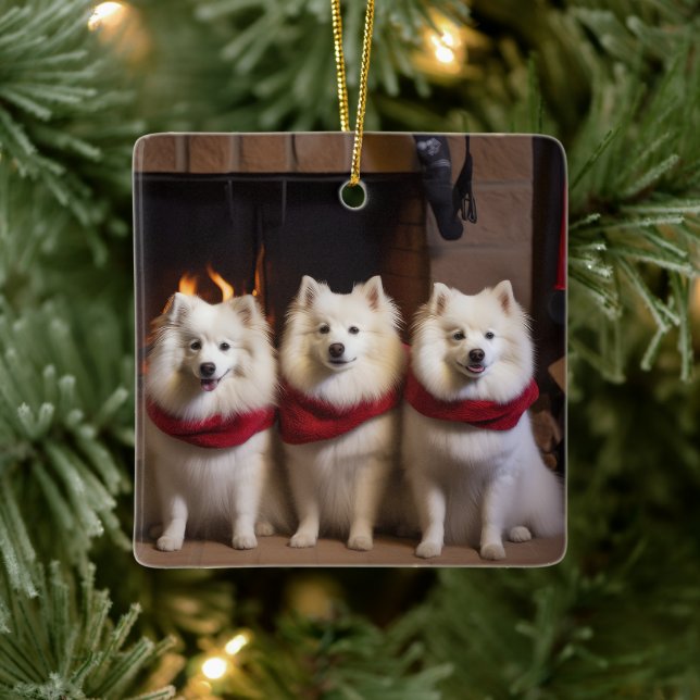 American Eskimo by the Fireplace Christmas Ceramic Ornament (Tree)