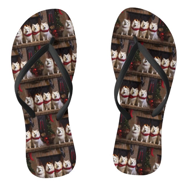 American Eskimo by the Fireplace Christmas Flip Flops (Footbed)
