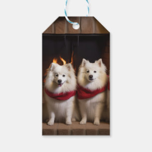 American Eskimo by the Fireplace Christmas Gift Tags