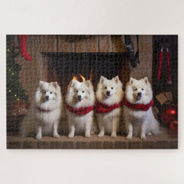 American Eskimo by the Fireplace Christmas Jigsaw Puzzle (Horizontal)