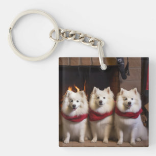 American Eskimo by the Fireplace Christmas Key Ring