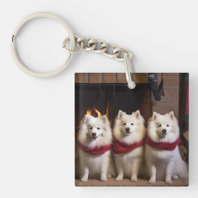 American Eskimo by the Fireplace Christmas Key Ring (Front)
