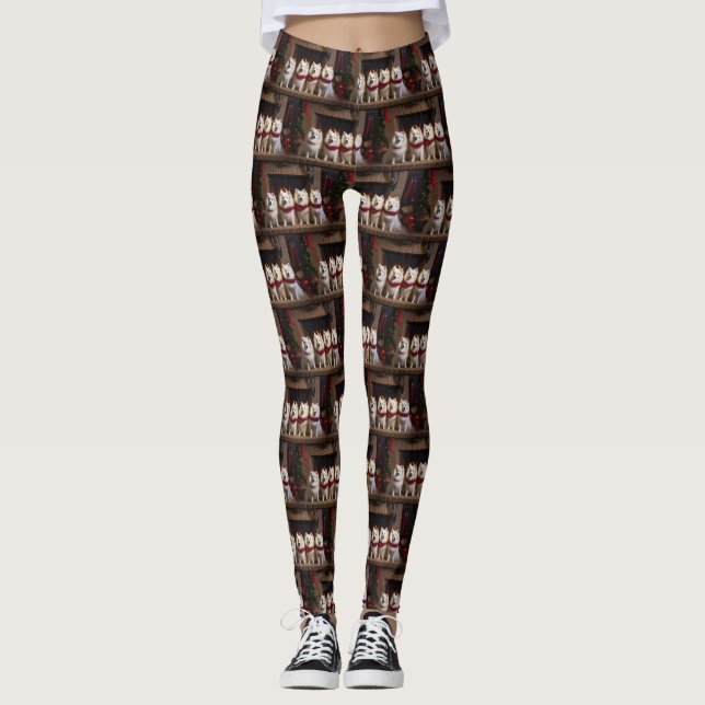 American Eskimo by the Fireplace Christmas Leggings (Front)