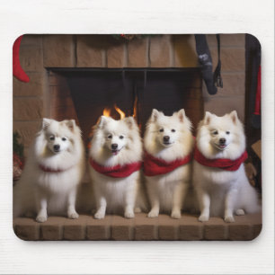 American Eskimo by the Fireplace Christmas Mouse Mat