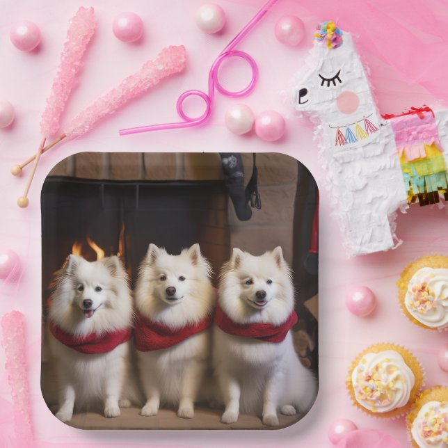 American Eskimo by the Fireplace Christmas Paper Plate (Party)