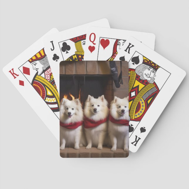 American Eskimo by the Fireplace Christmas Playing Cards (Back)