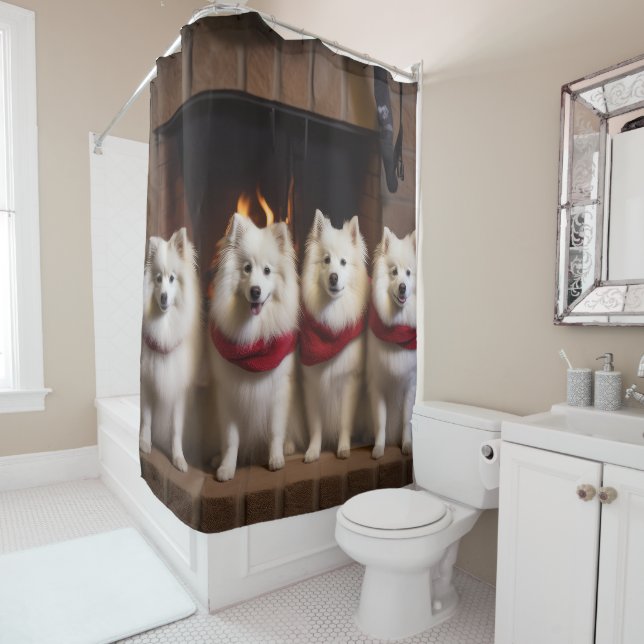 American Eskimo by the Fireplace Christmas Shower Curtain (In Situ)