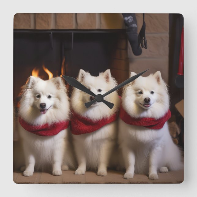 American Eskimo by the Fireplace Christmas Square Wall Clock (Front)