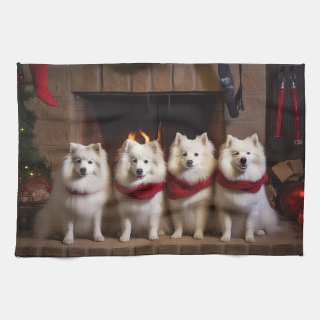 American Eskimo by the Fireplace Christmas Tea Towel (Horizontal)