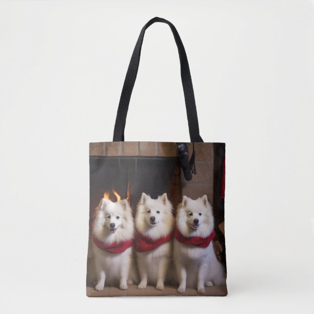 American Eskimo by the Fireplace Christmas Tote Bag (Front)