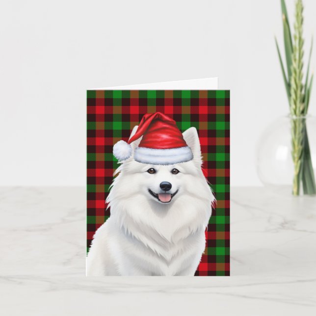 American Eskimo Christmas Dog Plaid Christmas Holiday Card (Front)