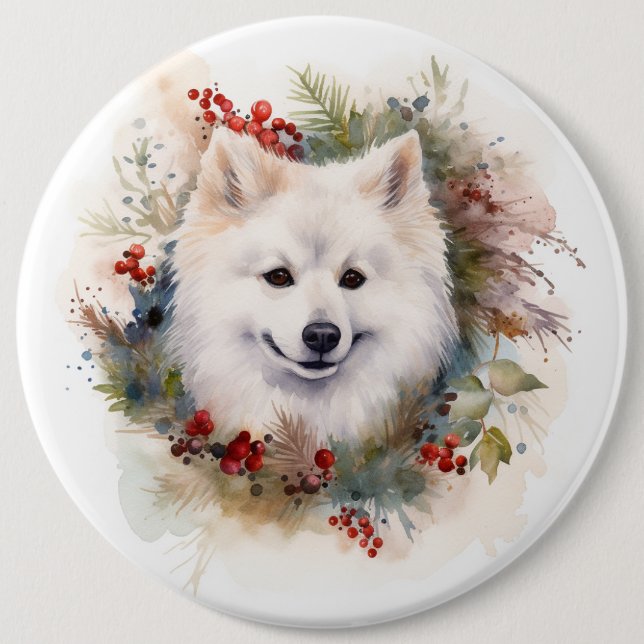 American Eskimo Christmas Wreath Festive Pup 6 Cm Round Badge (Front)