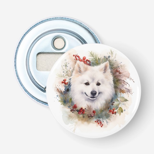 American Eskimo Christmas Wreath Festive Pup Bottle Opener (Front)