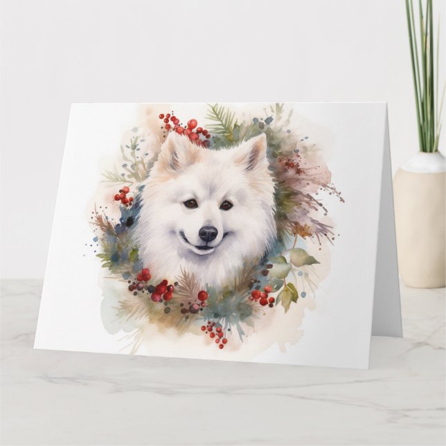 American Eskimo Christmas Wreath Festive Pup Card (Front)