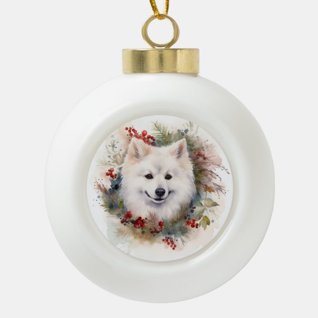American Eskimo Christmas Wreath Festive Pup Ceramic Ball Christmas Ornament (Front)
