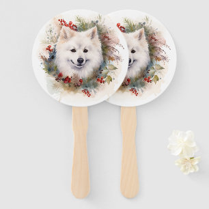 American Eskimo Christmas Wreath Festive Pup Hand Fan
