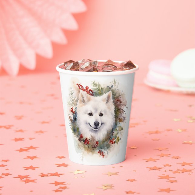 American Eskimo Christmas Wreath Festive Pup Paper Cups (Insitu)