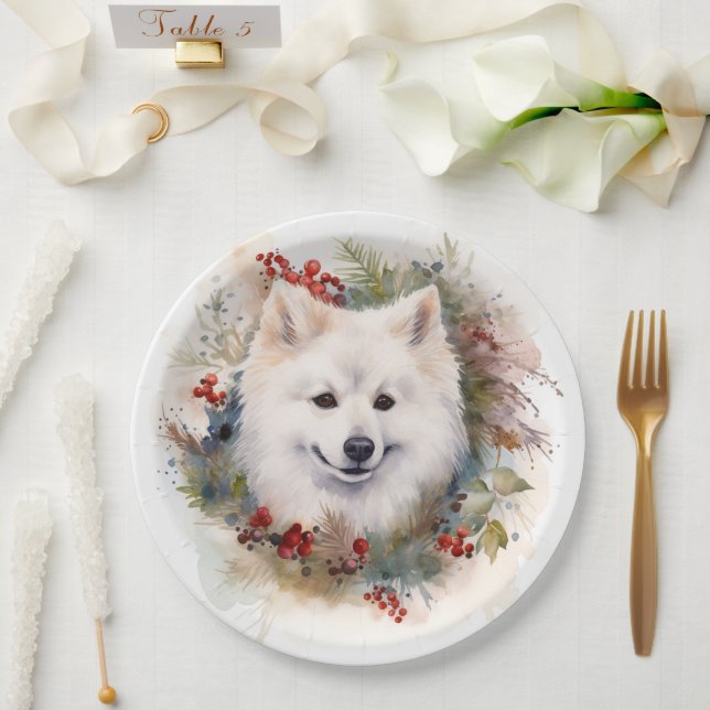 American Eskimo Christmas Wreath Festive Pup Paper Plate (Wedding)