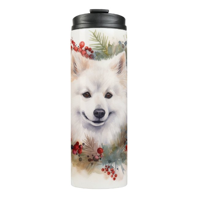 American Eskimo Christmas Wreath Festive Pup Thermal Tumbler (Front)