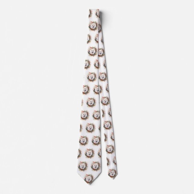 American Eskimo Christmas Wreath Festive Pup Tie (Front)