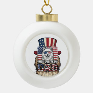 American Eskimo Dad Patriotic Vintage Dog Ceramic Ball Christmas Ornament