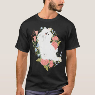 American Eskimo Dog And Flowers Pink Background T-Shirt
