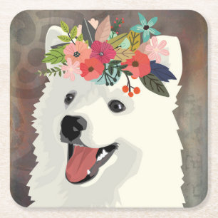 American Eskimo Dog Breed Flower Crown Square Paper Coaster