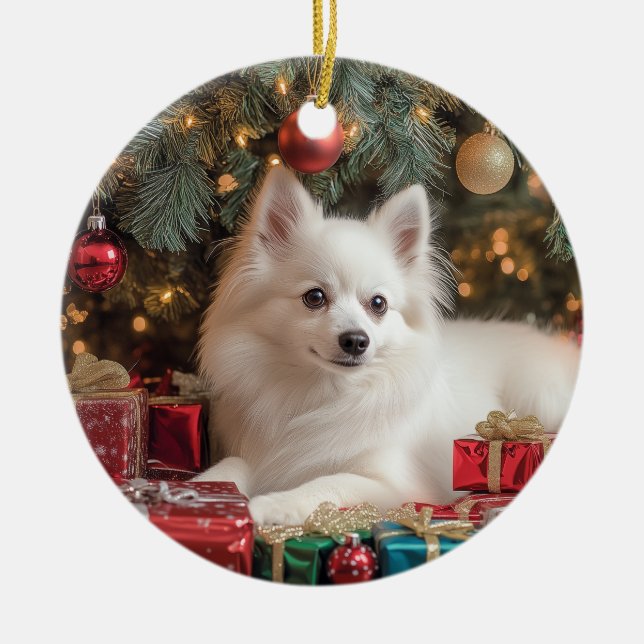 American Eskimo Dog Christmas Ceramic Tree Decoration (Front)