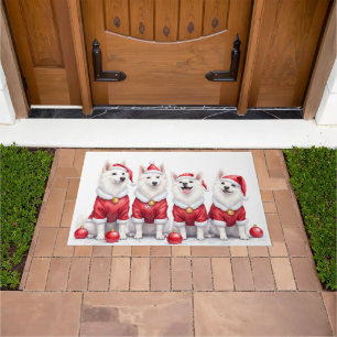 American Eskimo Dog Christmas Dress Santa Hat Doormat