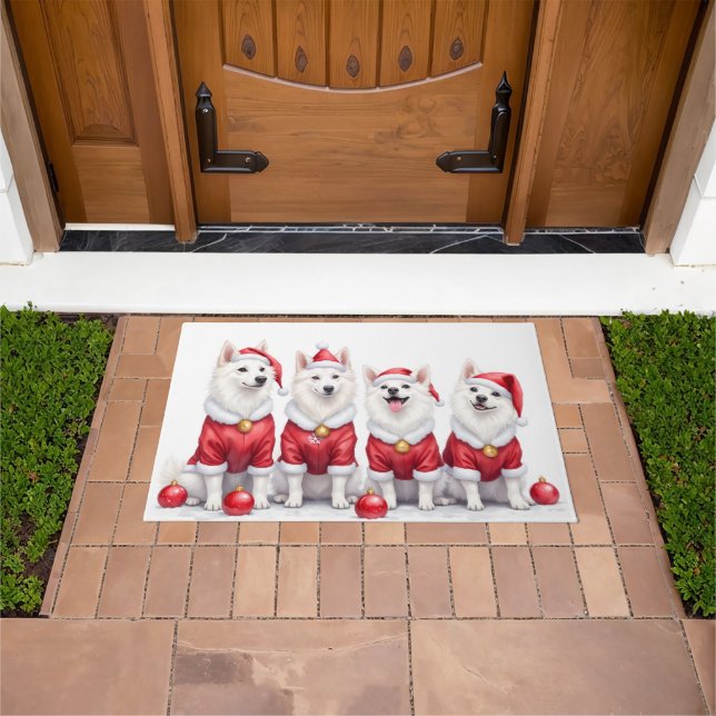 American Eskimo Dog Christmas Dress Santa Hat Doormat (Outdoor)