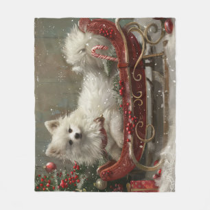 American Eskimo Dog Christmas Festive  Fleece Blanket