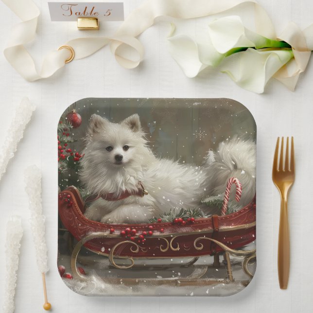 American Eskimo Dog Christmas Festive  Paper Plate (Wedding)