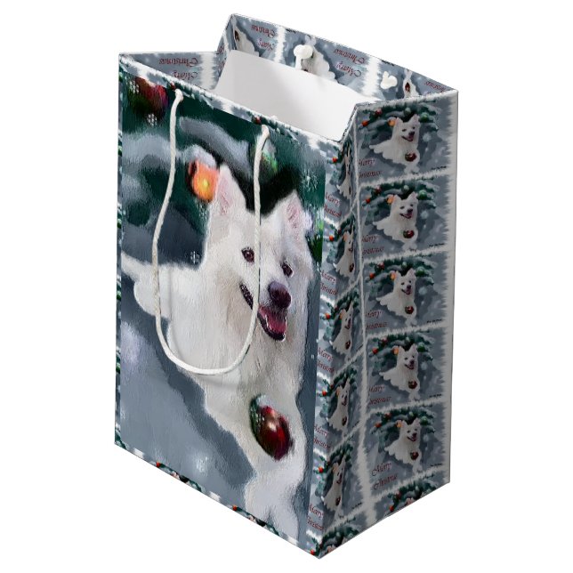 American Eskimo Dog Christmas Medium Gift Bag (Back Angled)