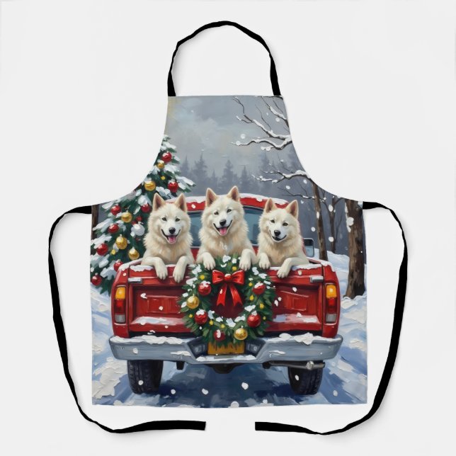 American Eskimo Dog Christmas Red Truck Holiday Apron (Front)